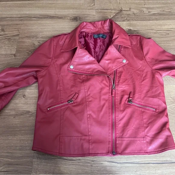 Women's Faux Leather Red Moto Jacket - Picture 7 of 9